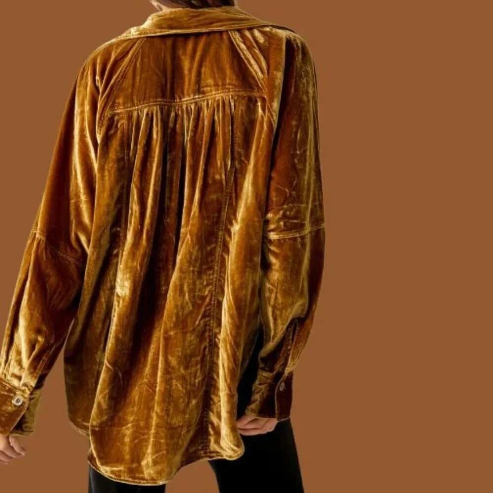 We The Free Night Skies Velvet Button Down Shirt Womens Medium Gold Long Sleeve - Picture 2 of 11